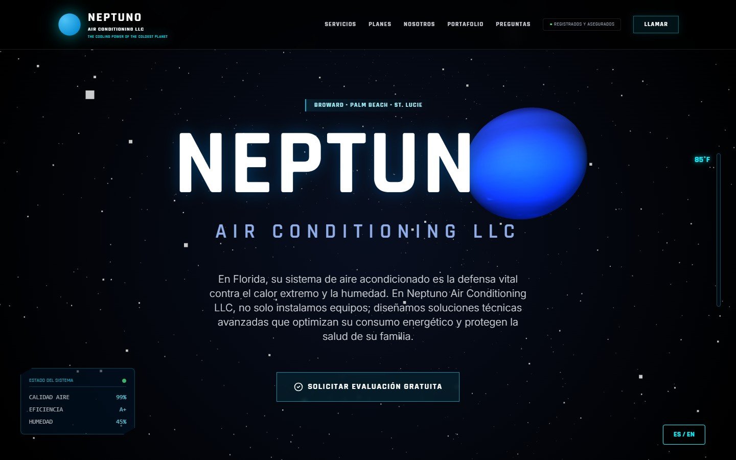 Neptuno Air Conditioning website — futuristic cyberpunk UI with neon accents